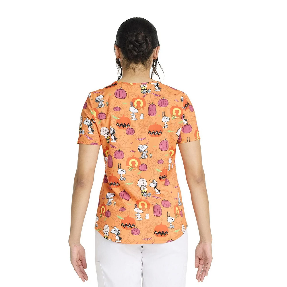 Peanuts Charlie Brown Snoopy Creepy Pumpkins Women's V-Neck Print Scrub Top