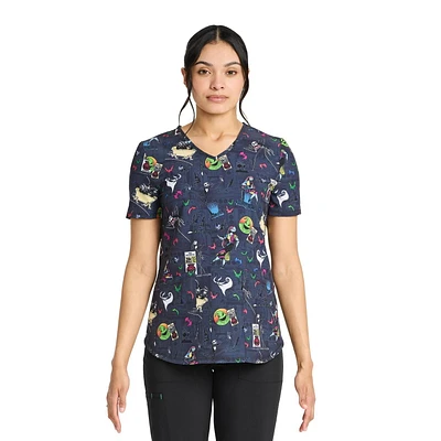 Disney The Nightmare Before Christmas Spiral Hill Women's V-Neck Print Scrub Top