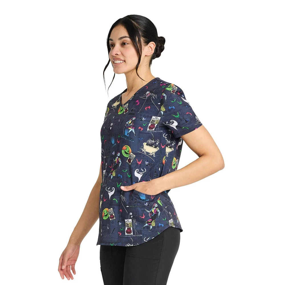 Disney The Nightmare Before Christmas Spiral Hill Women's V-Neck Print Scrub Top