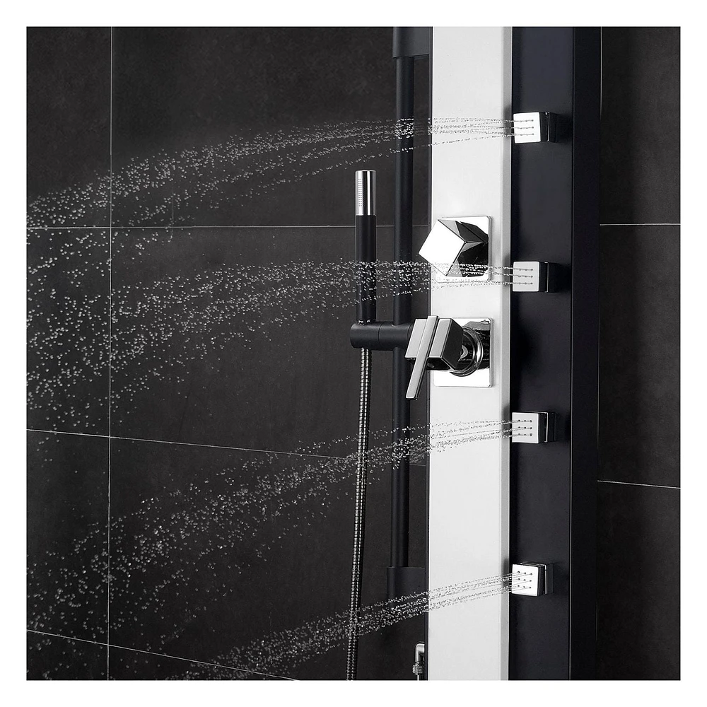 The akuaplus® MALI stainless steel shower panel with Pressure balance cartridge, 3-way diverters, 4 swivel body jets in brass, 8 in shower head and brass hand shower.