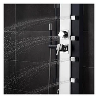 The akuaplus® MALI stainless steel shower panel with Pressure balance cartridge, 3-way diverters, 4 swivel body jets in brass, 8 in shower head and brass hand shower.