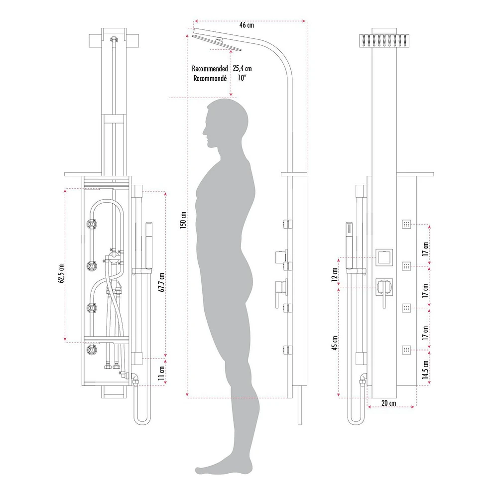 The akuaplus® MALI stainless steel shower panel with Pressure balance cartridge, 3-way diverters, 4 swivel body jets in brass, 8 in shower head and brass hand shower.