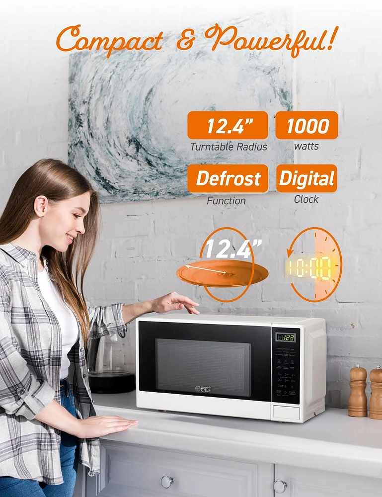 1.1 Cu Ft Microwave with 10 Power Levels, Small Microwave with Push Button, 1000W Countertop Microwave