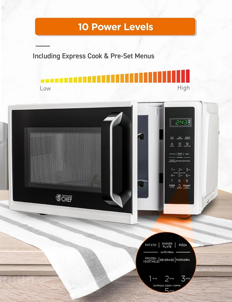 Commercila Chef 0.9 Cubic Foot Microwave with 10 Power Levels, Small Microwave with Grip Handle, 900W Countertop Microwave