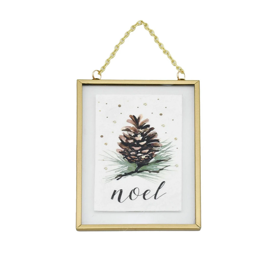 Holiday Time Frosted Elegance Noel Pinecone Frame Ornament, Gold, Measures 5" in height