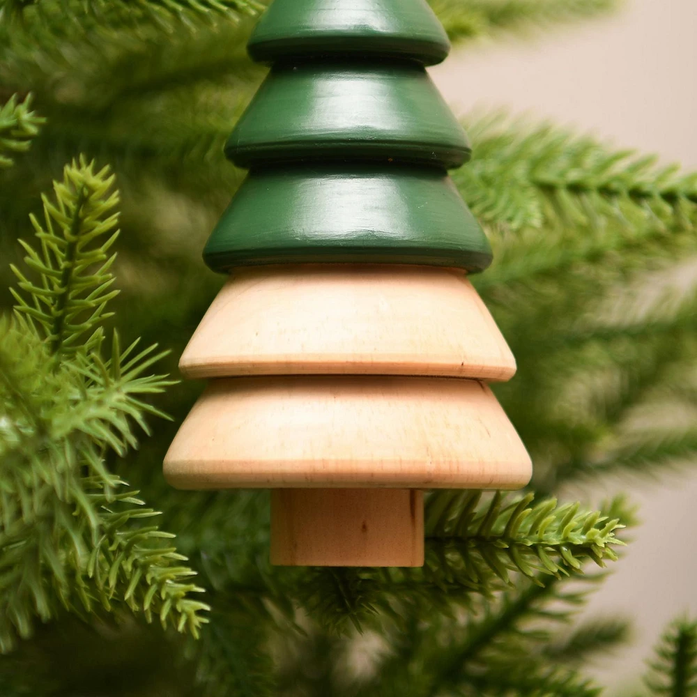 Holiday Time Winter Chalet Wooden Christmas Tree Ornament, Green, Measures 5" in height