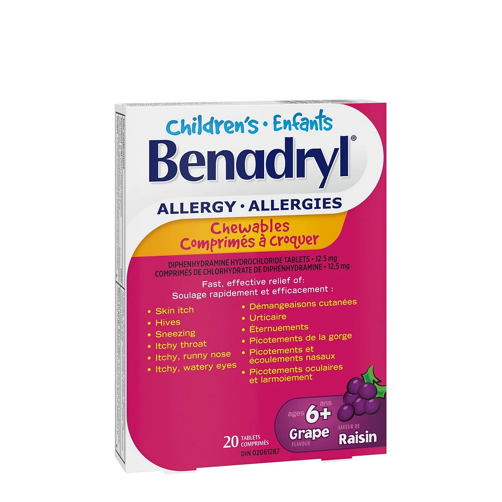 Children's Benadryl Allergy Chewables, Grape Flavour, 12.5 mg for Symptom Relief, 20 Count