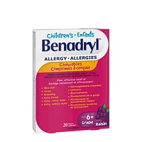 Children's Benadryl Allergy Chewables, Grape Flavour, 12.5 mg for Symptom Relief, 20 Count