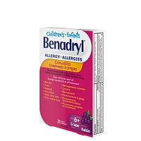 Children's Benadryl Allergy Chewables, Grape Flavour, 12.5 mg for Symptom Relief, 20 Count