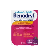 Children's Benadryl Allergy Chewables, Grape Flavour, 12.5 mg for Symptom Relief, 20 Count