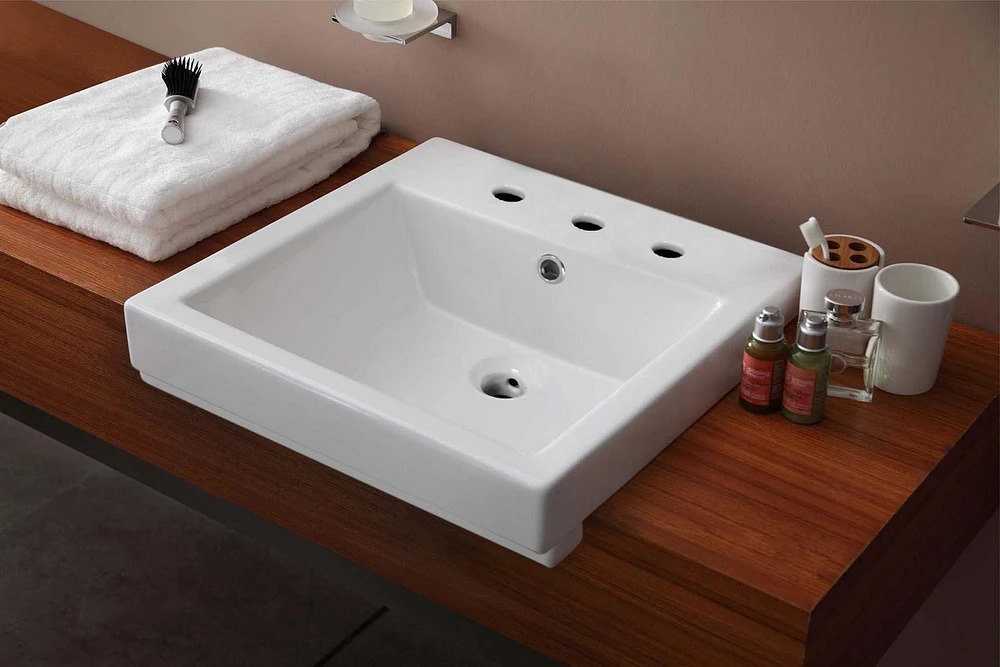 American Imaginations -in. W Semi-Recessed White Bathroom Vessel Sink Set For 3H8-in. Center Faucet AI