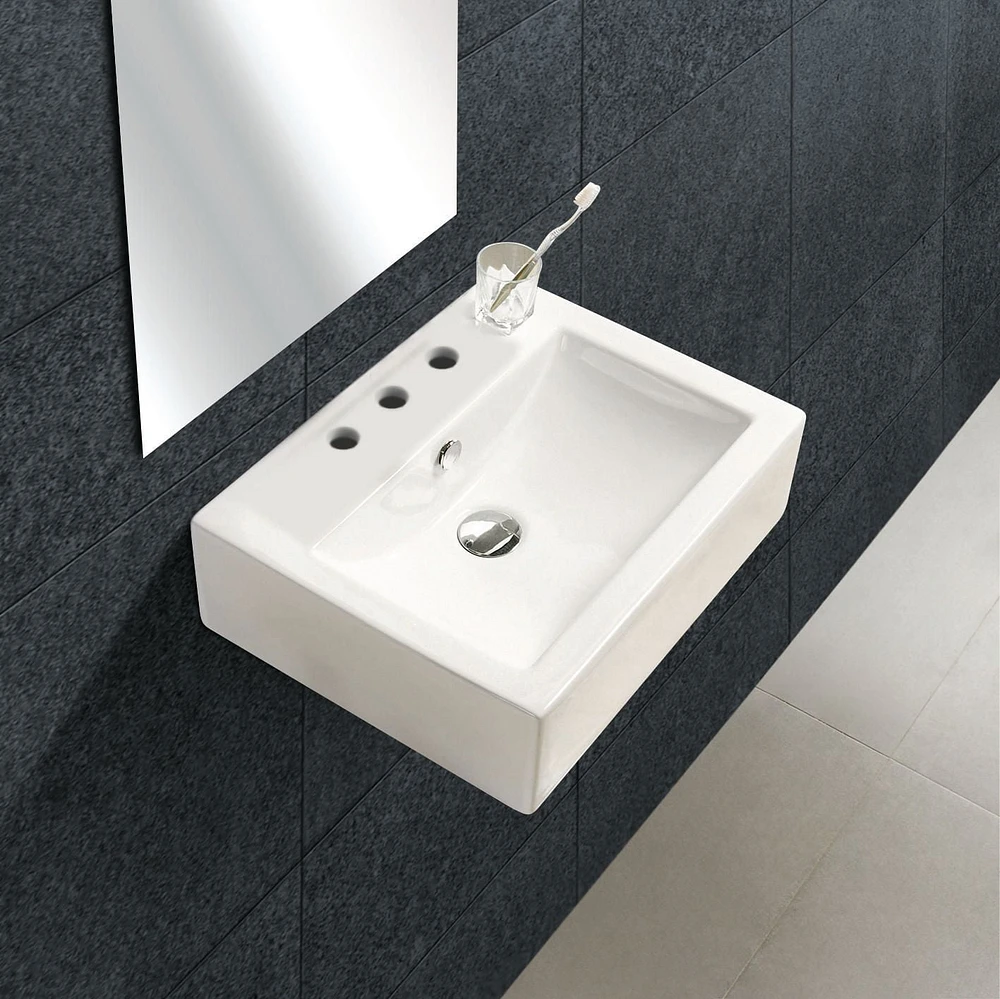 American Imaginations -in. W Wall Mount White Bathroom Vessel Sink Set For 3H8-in. Center Faucet AI