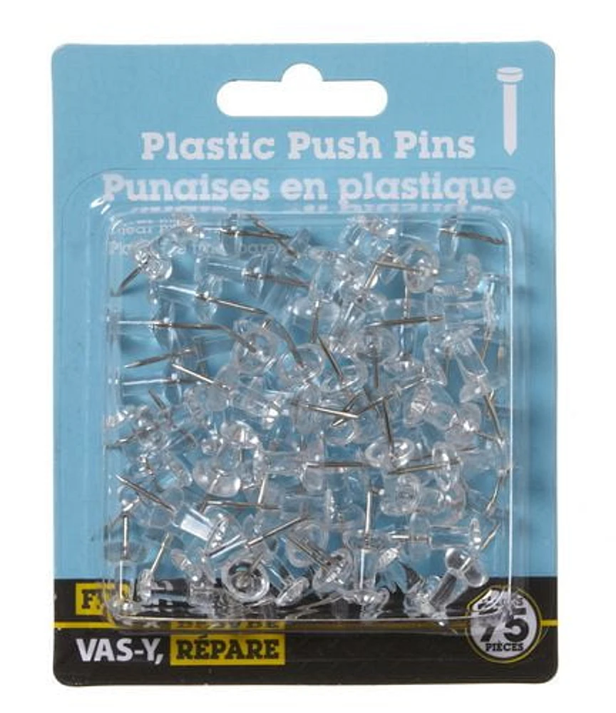 Clear Plastic Push Pins 75 Pieces, Perfect for hanging items to bulletin boards, posters, wall charts, calendars.