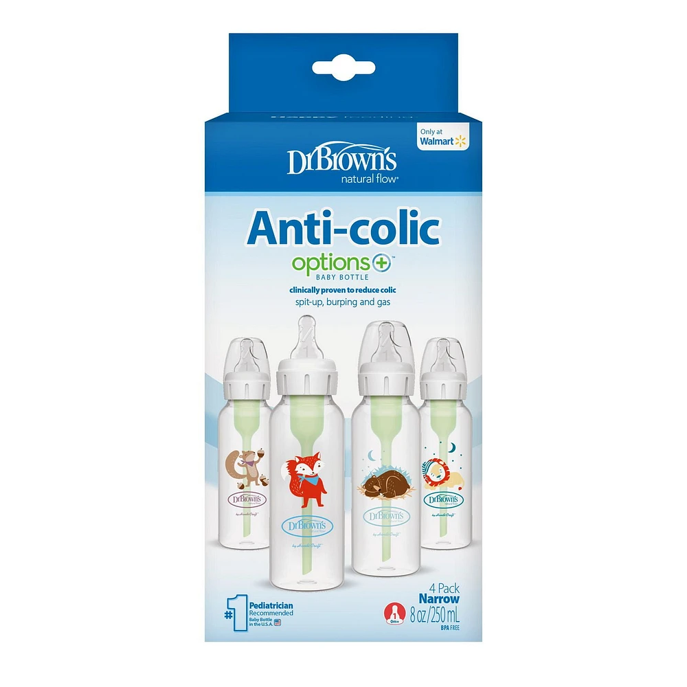 Dr. Brown's Anti-Colic Options+ Narrow Baby Bottle with Animal Designs, 8 oz, 4-Pack, 8 oz, 4 pack