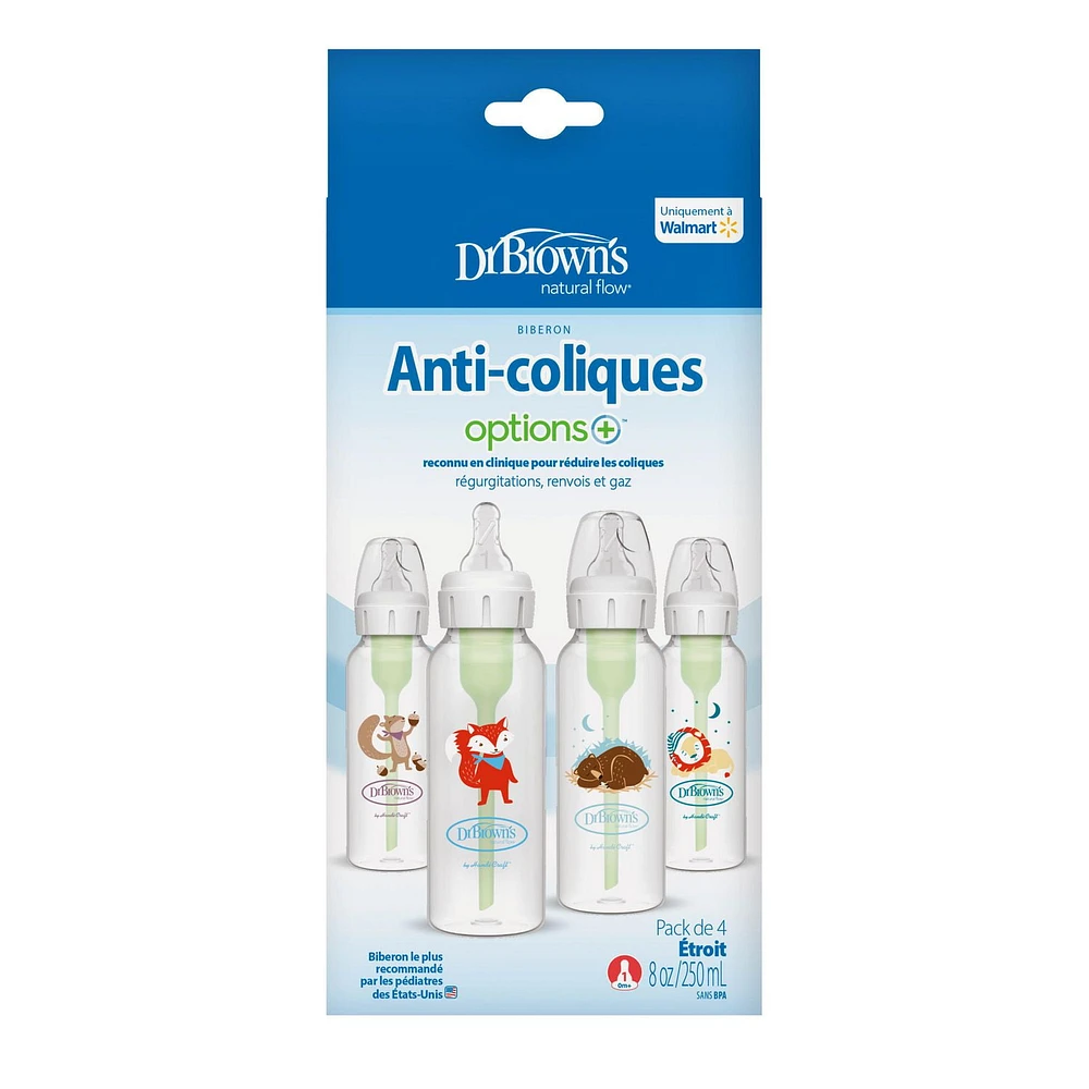 Dr. Brown's Anti-Colic Options+ Narrow Baby Bottle with Animal Designs, 8 oz, 4-Pack, 8 oz, 4 pack