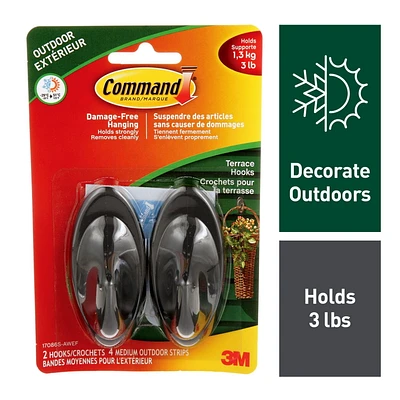 Command™ Outdoor Terrace Hooks 17086S-AWC, Medium, 2 Hooks, 4 Strips, 3 lb