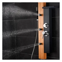 The akuaplus® NAYA stainless steel shower panel with Pressure balance cartridge, 3-way diverters, 4 swivel body jets in brass, 8 in shower head and brass hand shower.