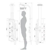 The akuaplus® NAYA stainless steel shower panel with Pressure balance cartridge, 3-way diverters, 4 swivel body jets in brass, 8 in shower head and brass hand shower.