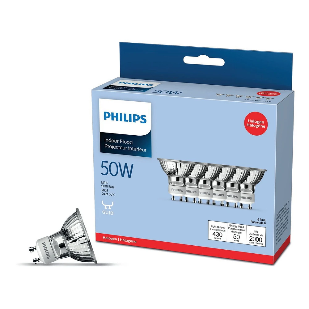 PHILIPS 50W MR16 GU10 Base Halogen Light Bulbs - 6 Pack, 430 lumens