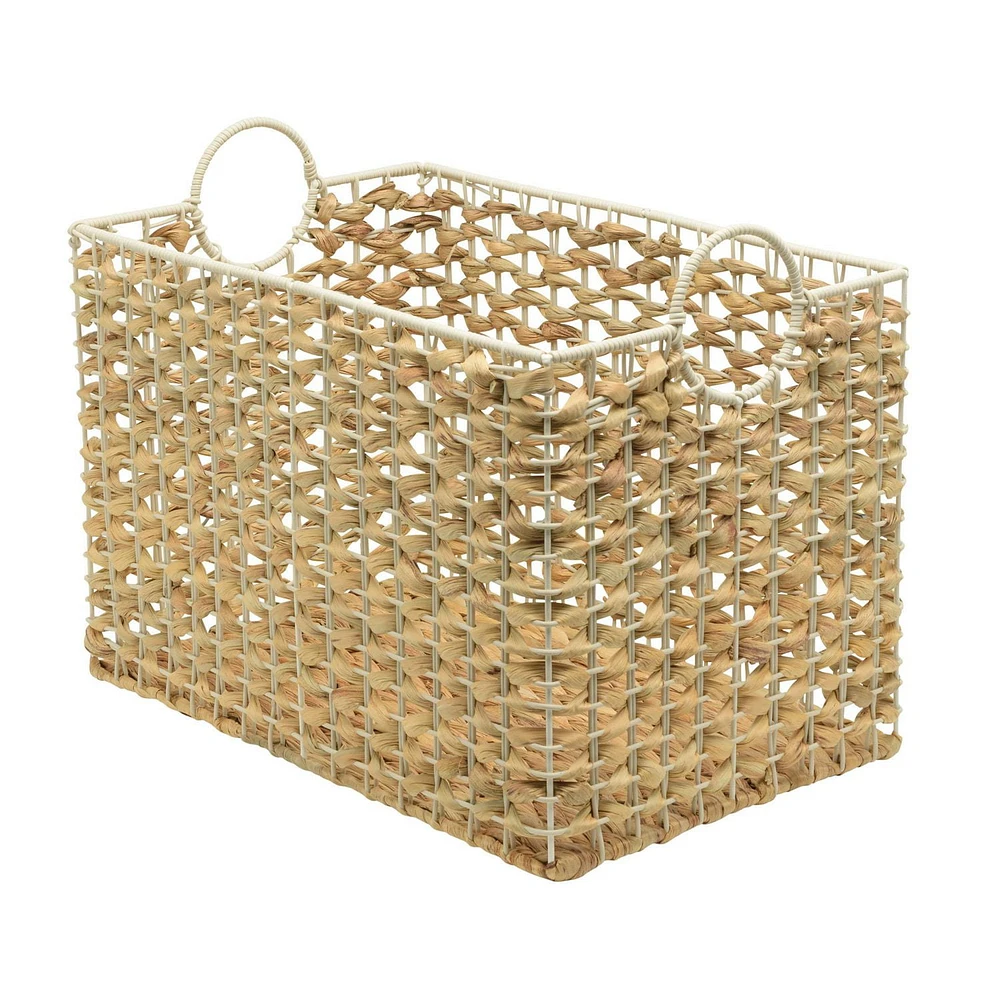 Water Hyacinth and Resin Storage Basket, Natural with White Frame