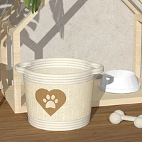 Textured Linen and Cotton Rope Storage Basket, Pet Theme with Cat Paw and Heart Design, Ivory