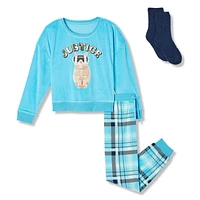 Justice Girls' Velour Fleece Pajamas and Chenille Socks 3-Piece Set
