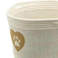 Textured Linen and Cotton Rope Storage Basket, Pet Theme with Cat Paw and Heart Design, Ivory