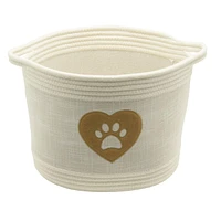 Textured Linen and Cotton Rope Storage Basket, Pet Theme with Cat Paw and Heart Design, Ivory