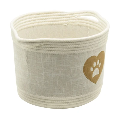 Textured Linen and Cotton Rope Storage Basket, Pet Theme with Cat Paw and Heart Design, Ivory