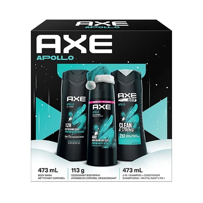 Axe  with Body Spray, Body Wash & 2-1 Shampoo and Conditioner Apollo Gift Set, Bundle of 3