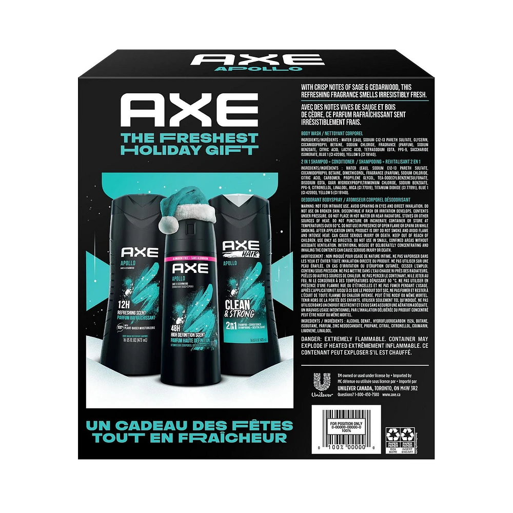 Axe  with Body Spray, Body Wash & 2-1 Shampoo and Conditioner Apollo Gift Set, Bundle of 3