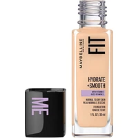 Maybelline New York Fit Me Fond de teint Hydrate + Lisse, fini naturel et lumineux, hydratant, couvrance moyenne, peaux normales à sèches, 30 ml fond de teint fit me fini satin