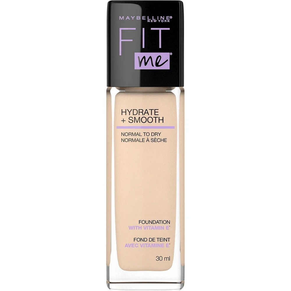Maybelline New York Fit Me Fond de teint Hydrate + Lisse, fini naturel et lumineux, hydratant, couvrance moyenne, peaux normales à sèches, 30 ml fond de teint fit me fini satin
