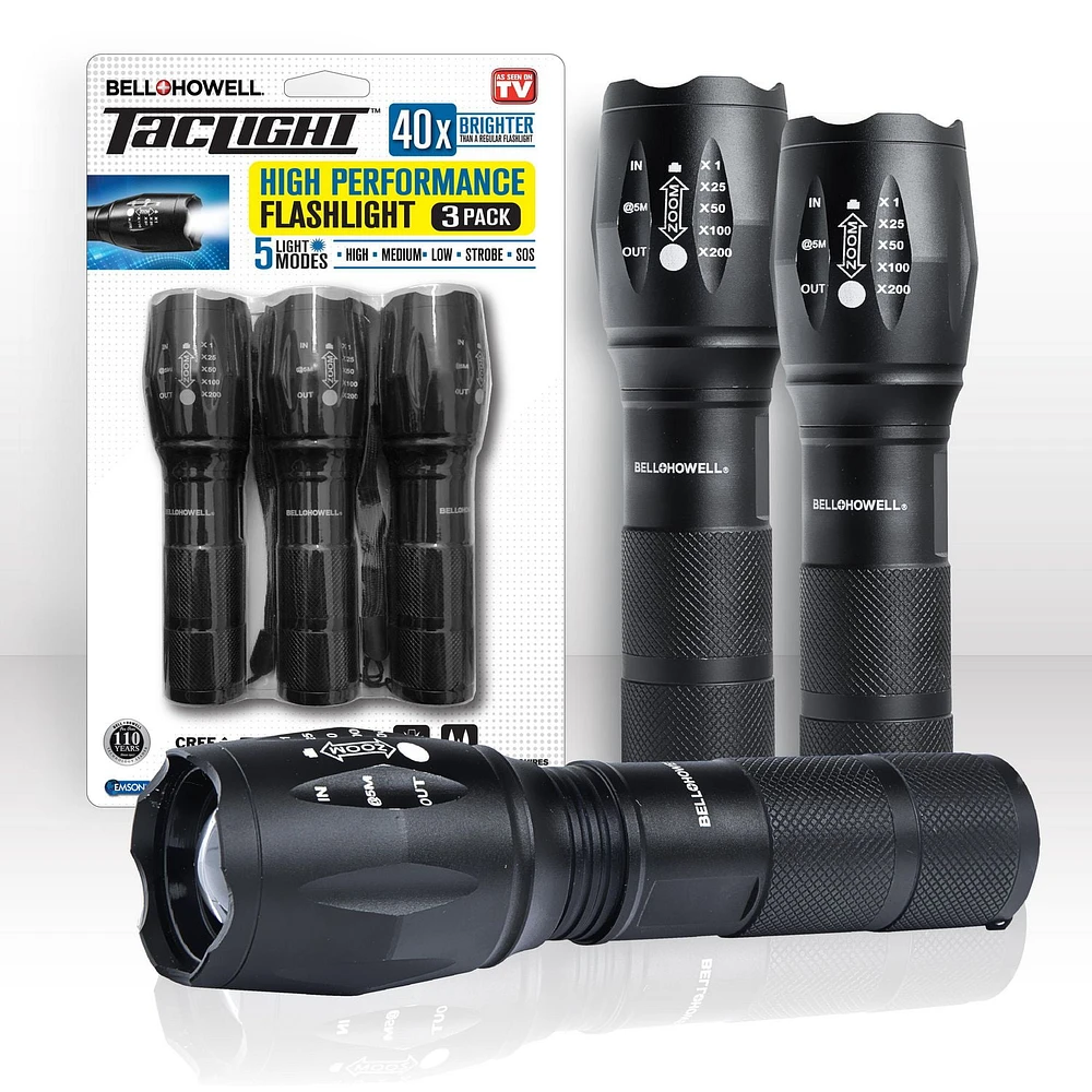 Bell + Howell Taclight Tactical Flashlight 3 Pack – Waterproof & Weatherproof Aircraft Grade Aluminum Construction, 5 Light Modes with 50,000 Hour Cree LEDs, 40x Brighter – As Seen on TV, Flashlight