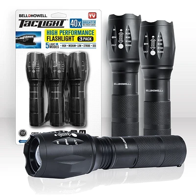 Bell + Howell Taclight Tactical Flashlight 3 Pack – Waterproof & Weatherproof Aircraft Grade Aluminum Construction, 5 Light Modes with 50,000 Hour Cree LEDs, 40x Brighter – As Seen on TV, Flashlight