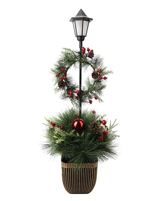 1M 35L POTTED PRELIT PORCH DECORATED MIXED PINE ARRANGEMENT WITH WREATH & LANTERN