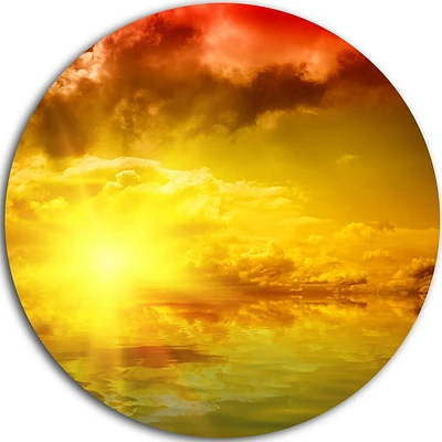 Design Art Red Dramatic Sky with Yellow Sun' Ultra Glossy Landscape Metal Circle Wall Art