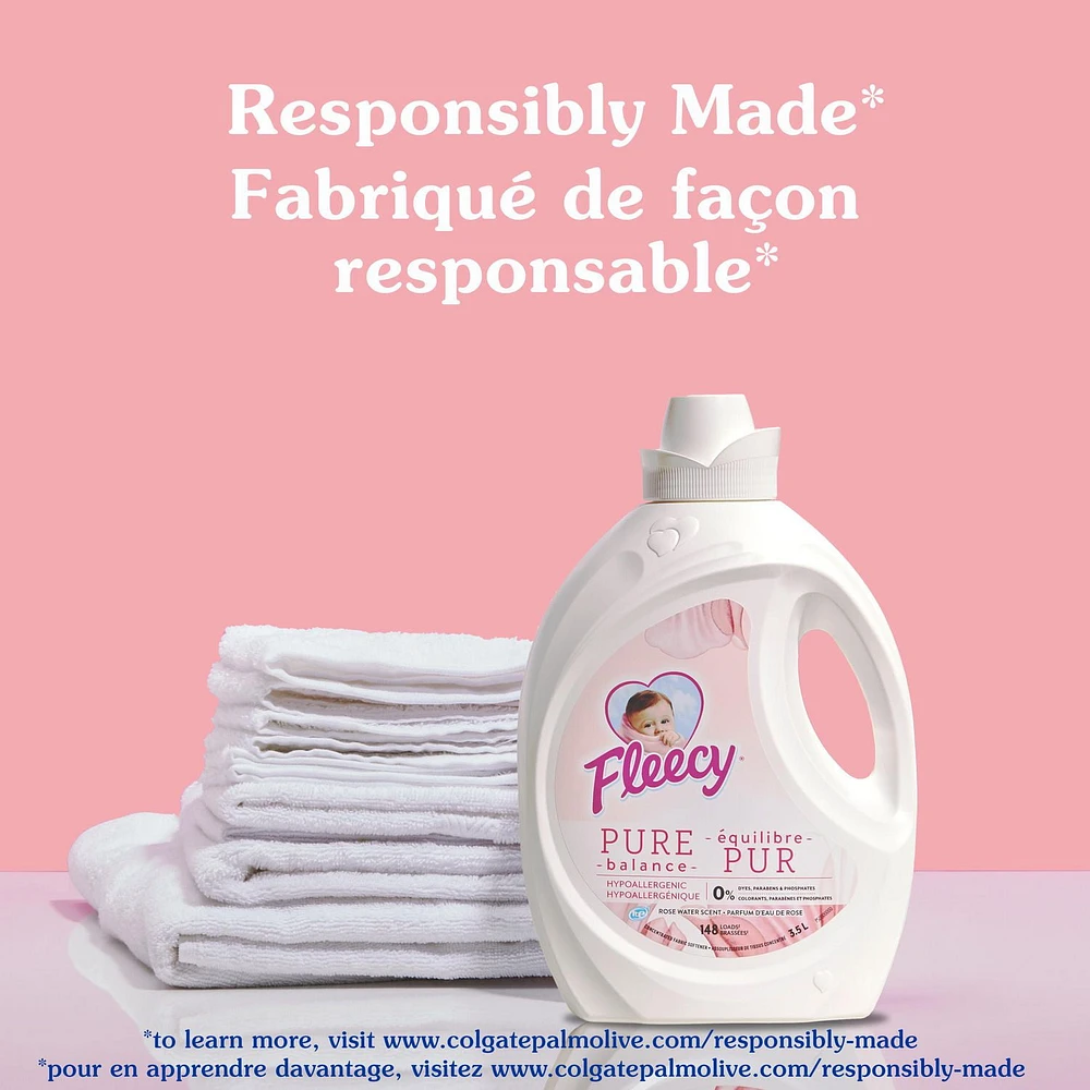 Fleecy Pure Balance Assouplissant à Linge Liquide, Parfum Eau de Rose 3,5 L - 148 Brassées