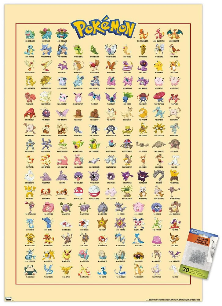 Pokémon – Kanto Grid 22.375" x 34" Wall Poster with Beechwood Magnetic Frame