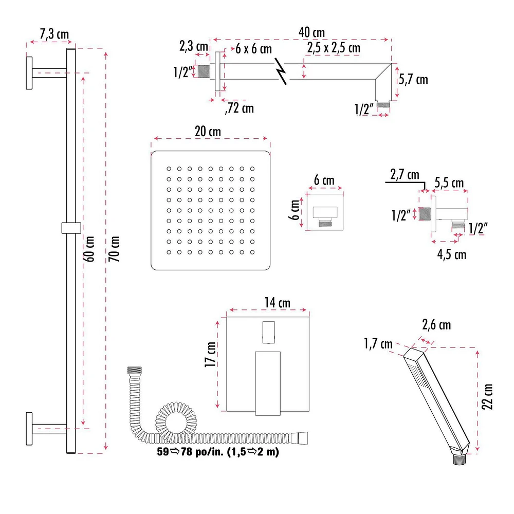 The akuaplus® IRENE shower faucet set with pressure balance cartridge and 2-way diverter plus 1, an adjustable combo system with hand shower with pommeau and brass elbow.