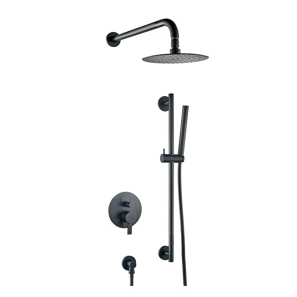 The akuaplus® ELITE shower faucet set with pressure balance cartridge and 2-way diverter plus 1, a adjustable combo system with hand shower and shower head with brass elbow.