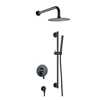 The akuaplus® ELITE shower faucet set with pressure balance cartridge and 2-way diverter plus 1, a adjustable combo system with hand shower and shower head with brass elbow.