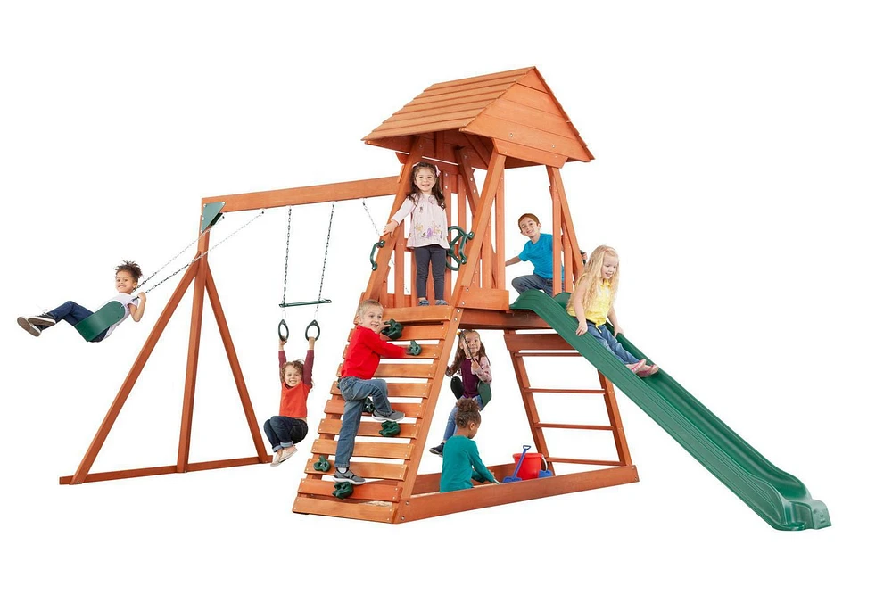 Cedar Chalet Playset with Wooden Roof, Sandbox & Slide