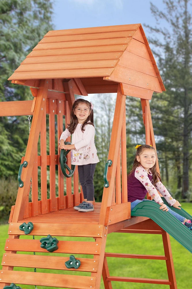 Cedar Chalet Playset with Wooden Roof, Sandbox & Slide