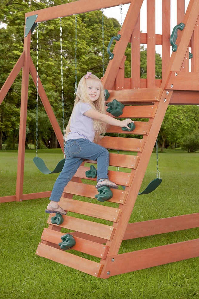 Cedar Chalet Playset with Wooden Roof, Sandbox & Slide