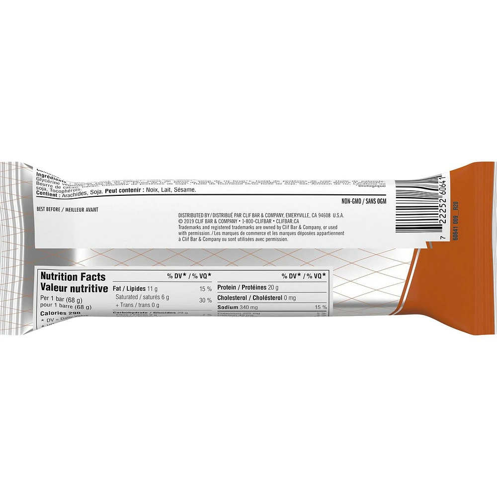 CLIF BUILDERS, Chocolate Peanut Butter Flavour Protein Bar, 20 g of Protein, Gluten Free, No Artificial Sweetners, 68 g