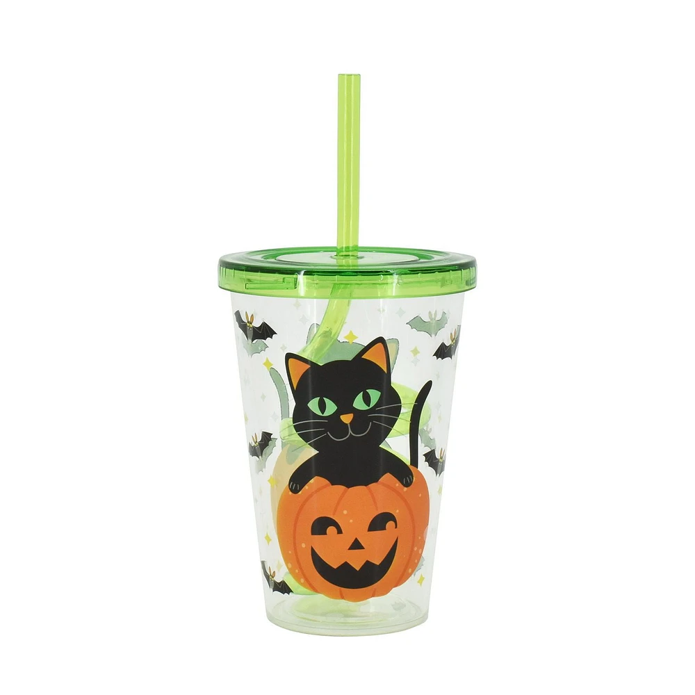 Halloween pumpkin and cat design curly straw tumbler