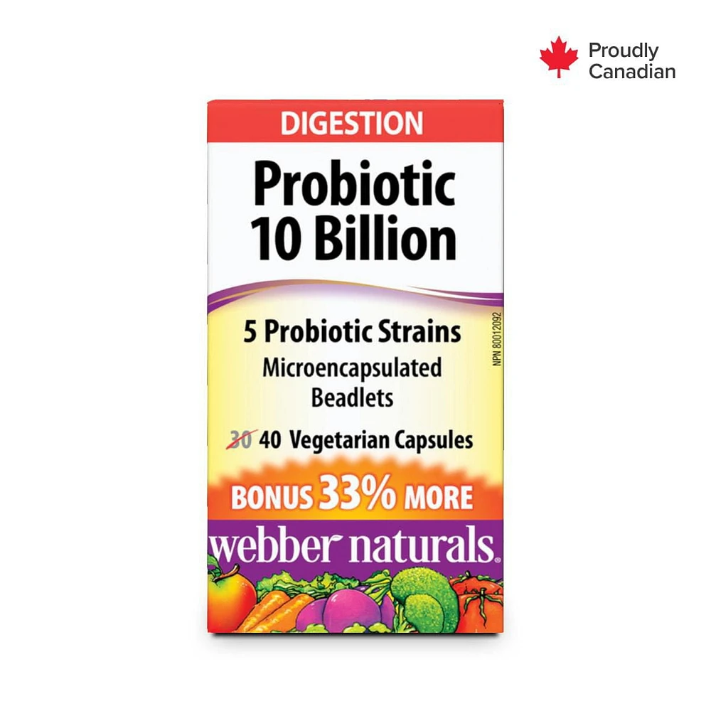 Webber Naturals® Probiotic 10 Billion 5 Probiotic Strains, 40 Capsules, BONUS! 33% More