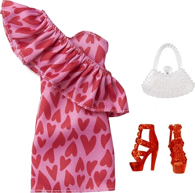 Barbie Fashion Pack with One-shoulder Heart Print Dress with Large Ruffle, Red Strappy High Heels & Purse Accessory, Doll Clothes for Kids 3 to 8 Years Old