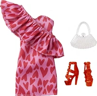 Barbie Fashion Pack with One-shoulder Heart Print Dress with Large Ruffle, Red Strappy High Heels & Purse Accessory, Doll Clothes for Kids 3 to 8 Years Old